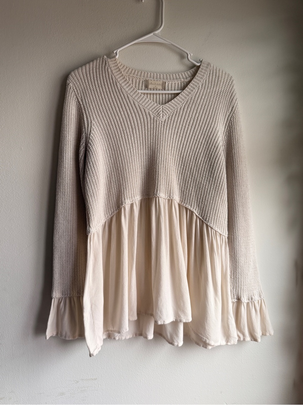 Altar'd State Cream Knit & Mesh Babydoll Tunic Sweater Mesh Bell Sleeves Size M